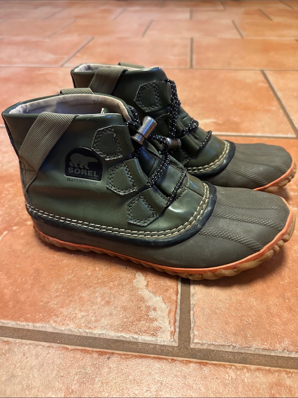 Sorel Kids Olive Green and Orange Waterproof Duck Boots